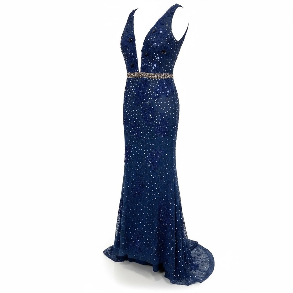 Panoply Navy‎ Blue Beaded Lace embroidered V Neck Prom Evening Gown Dress Size 8